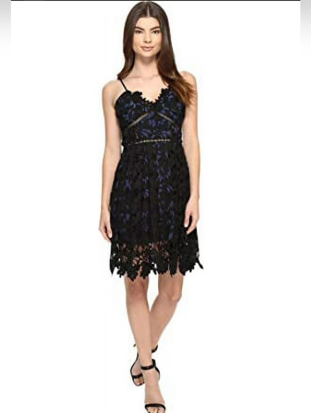 Romeo & Juliet Couture Black Lace Mini Dress with Blue Underlay